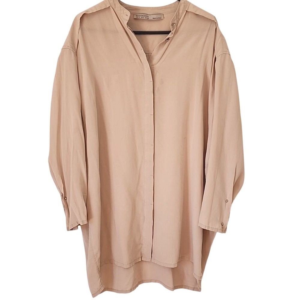 AllSaints Silk Button Down Shirt Women 6 Tan Oversized Minimalist Chic Neutral
